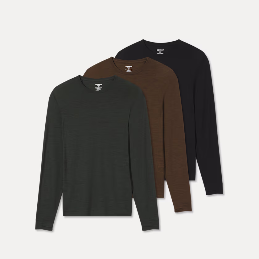 Men's Merino Wool Blend Crew Neck Long Sleeve T-Shirt 3-Pack